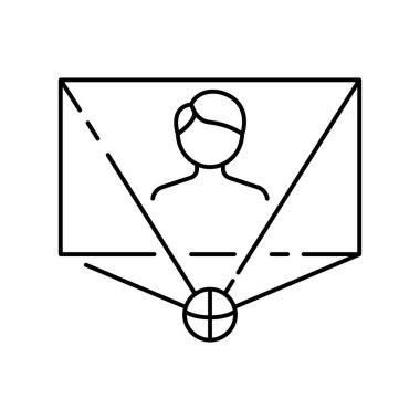 Metaverse simgesi. İnsan ve sanal monitör veya hologram. Taslak tarzı. Vektör. Beyaz arkaplanda izole et.