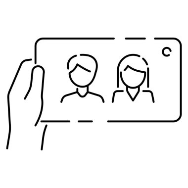 Selfie vektör çizgisi simgesi. Bir selfie çek. Cep telefonu ön kamerası ve selfie çubuğu. Akıllı telefon aygıtı gösterimi.