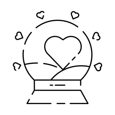 Yeni yıl kar küresi çizgisi simgesi. Mobil konsept ve web tasarımı için doğrusal biçim işareti. Xmas ağacı çizgili kar küresi vektör simgesi. Sembol, logo çizimi. Vektör grafikleri. Kar tanesi ve kalp aşkı.