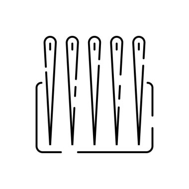 Vektör çizgisi simgesi dikiliyor. Dikiş, dikiş, dikiş makinesi, mezura, yün. Düzenlenebilir felç. Atıcı, Terzi Dükkanı tarzı. İğne işi Dressmaking Stüdyo İğnesi seti