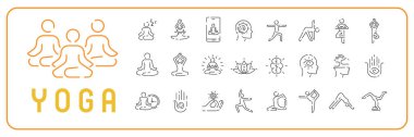 Meditasyonun ve yoganın simgelerini belirle. Sağlıklı yaşam tarzı sporları veya jimnastik egzersizleri, vektör germe işareti.