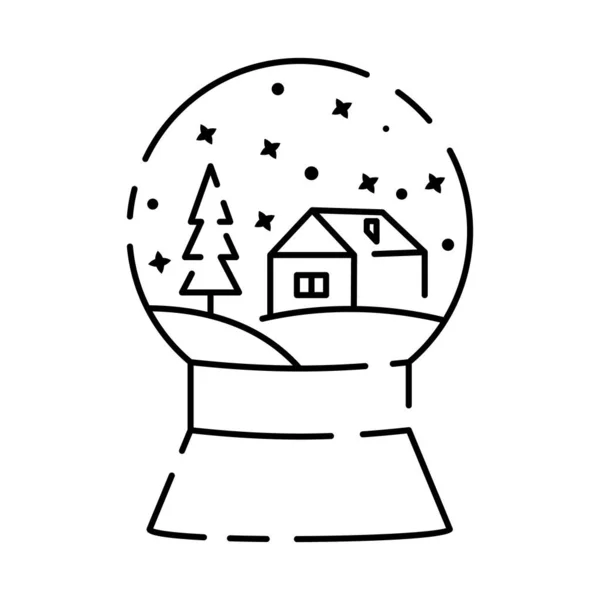 クリスマスをテーマにした1つのラインクリスタルスノーグローブ クリスマスや新年の雪の地球のアイコン シンプルな線形スタイルで冬のクリスマス休暇のコンセプトのためのガラスボール 雪の結晶と木の家 — ストックベクタ
