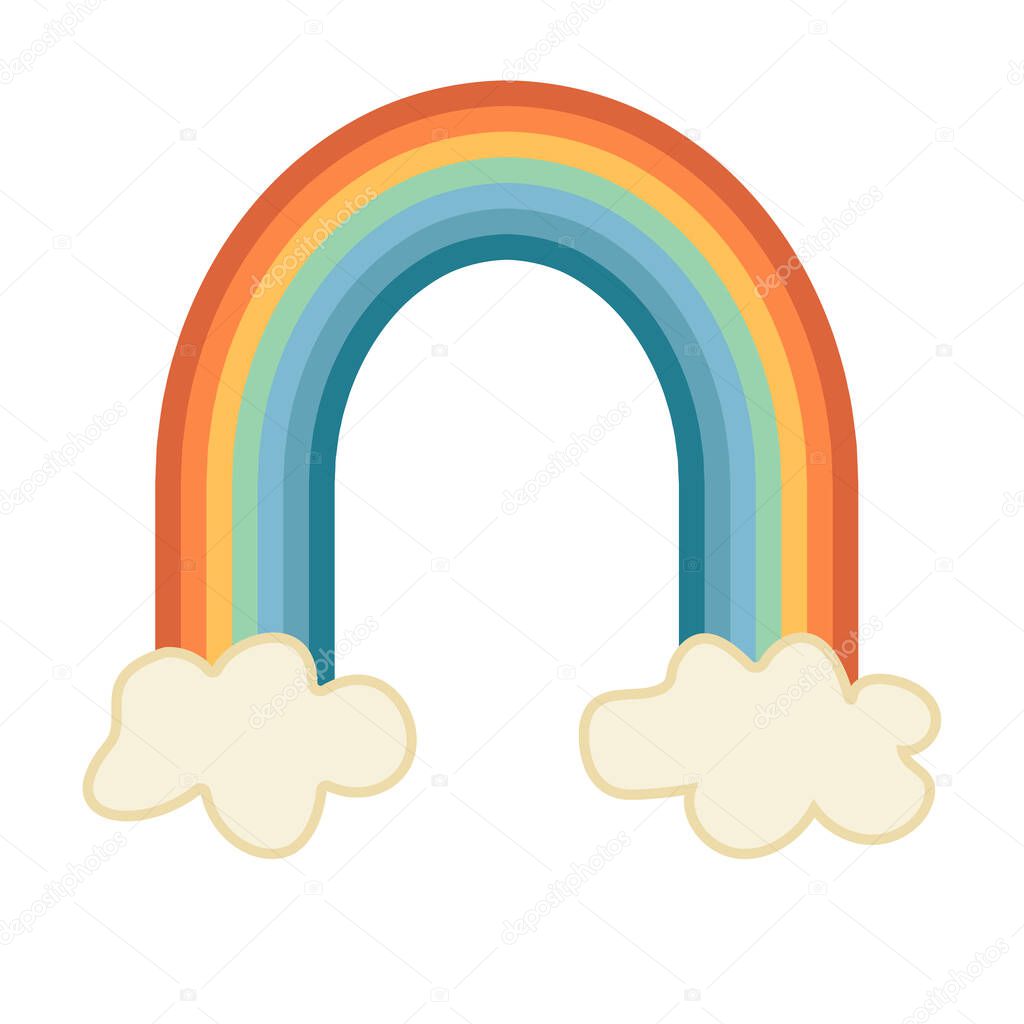 Colorful minimalistic rainbow with cloud. Retro, psychedelic clip art. Hippie groovy illustration in flat style. 60s, 70s concept for card, sticker, merch vector.