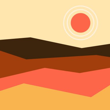 Vektör çizimi. Bauhaus. Orta çağ modern grafikleri. 70 'lerin retro' su ya da klasik Minimalist manzarası. Soyut şekiller güneş ve dağ.
