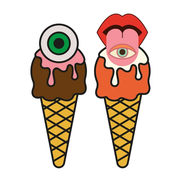 Cone Sorvete Groovy Abstrato Com Olho Vibrações Funky Food Sticker — Vetor de Stock