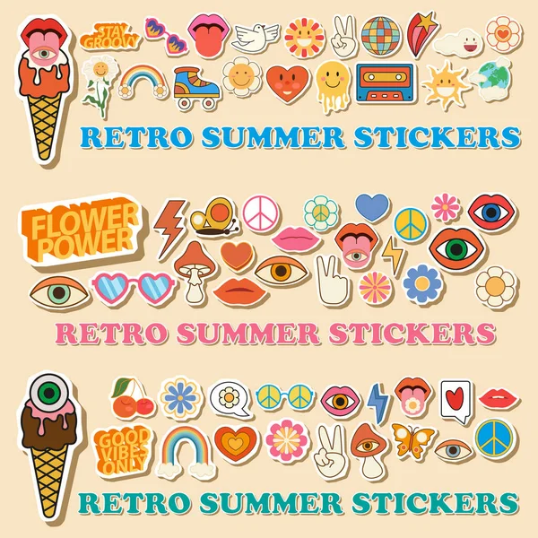 Groovy Hippie 70Er Sommer Sticker Icon Set Stickerpack Trendigen Retro — Stockvektor