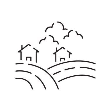 Peyzaj simgeleri, ince çizgi tarzı, düz tasarım vektör çizimi. Yaz, bahar mevsimi. Doğa bahçesi ve ev.