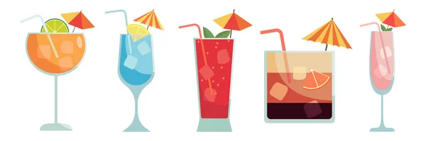 stock vector Set of cocktails. Summer illustration of classical drinks in different types of glasses. Vector illustration of summer cocktails. Banner with soft and alcohol drinks.