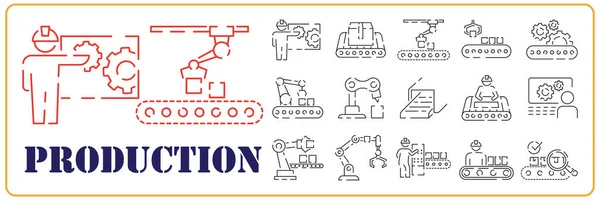 Produktionsroboter Und Produktionslinie Icon Set Inklusive Der Symbole Wie Prozess — Stockvektor
