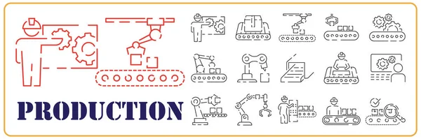 Robot Production Jeu Icônes Ligne Fabrication Inclus Les Icônes Comme — Image vectorielle