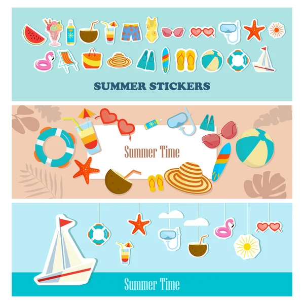 Cartoon Summer Elements Item Sign Travel Beach Card Summertime Accessory — Stock Vector