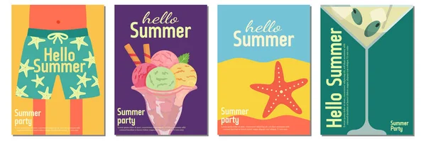 Summer Ice Cream Cocktail Beach Shorts Sea Set Vector Illustrations — Stock Vector