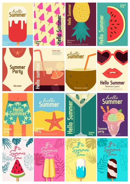 Plakatset Mit Sommerzeit Vektoren Heiße Oder Sonnige Zeit Textsammlung Mit — Stockvektor