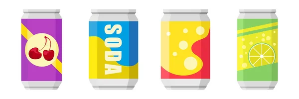 彩色铝罐中的苏打设置图标隔离在白色背景 软饮料标志 具有不同口味的碳化非酒精水 饮料在彩色包装 矢量说明 — 图库矢量图片