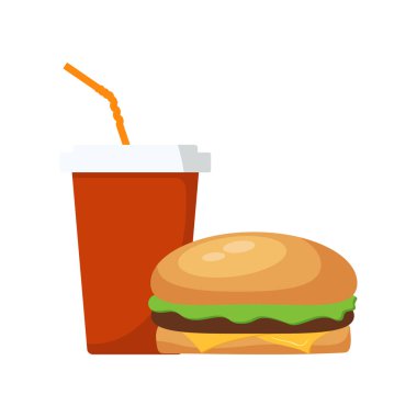 Hamburger ve soda, soğuk içecek veya kahve. Vektör illüstrasyonu.