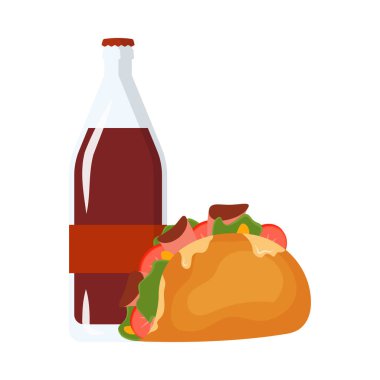 Hamburger ve soda, soğuk içecek veya kahve. Vektör illüstrasyonu.
