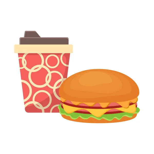 汉堡包和苏打水 冷饮或咖啡 矢量说明 — 图库矢量图片