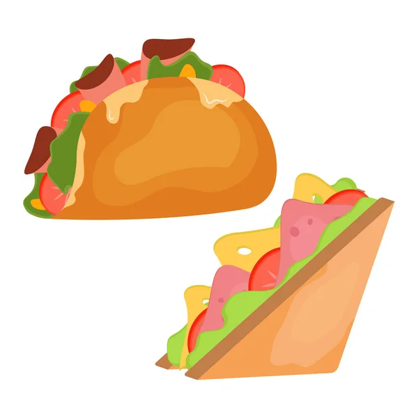 三明治 热狗和包裹向量图集 汉堡包或芝士汉堡快餐快餐 — 图库矢量图片