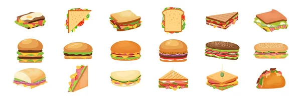 バーガー サンドイッチ ホットドッグとラップベクトルイラストセット ハンバーガーやチーズバーガーのスナックファーストフードコレクション — ストックベクタ