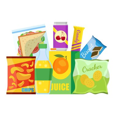 Snack product set, fast food snacks, drinks, nuts, chips, cracker, juice, sandwich isolated on white background. Unhealthy junk food. Flat illustration in vector.