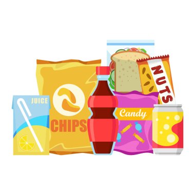Snack product set, fast food snacks, drinks, nuts, chips, cracker, juice, sandwich isolated on white background. Unhealthy junk food. Flat illustration in vector.