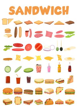 Burgers and Sandwich set. Ingredients buns, cheese, bacon, tomato, onion, lettuce, cucumbers pickle onions beefs ham Vector illustration.