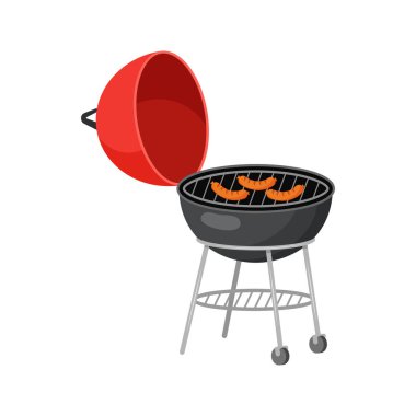 Barbecue or barbeque BBQ party, grill picnic. Barbecue equipment, grill, skewer, sausages, seasonings, chicken and meat, vegetables and sauce Vector flat illustration.