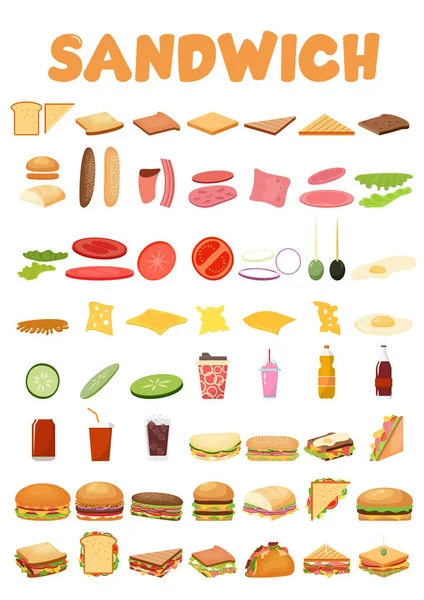 Burgers Sandwich Set Ingredients Buns Cheese Bacon Tomato Onion Lettuce — Image vectorielle
