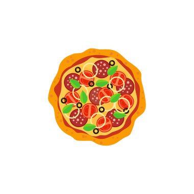 Domates, peynir, zeytin, sosis, soğan ve fesleğenli taze pizza. Geleneksel İtalyan fast food. Manzaralı yemek. Avrupa yemeği. İzole edilmiş beyaz arka plan. Vektör illüstrasyonu.