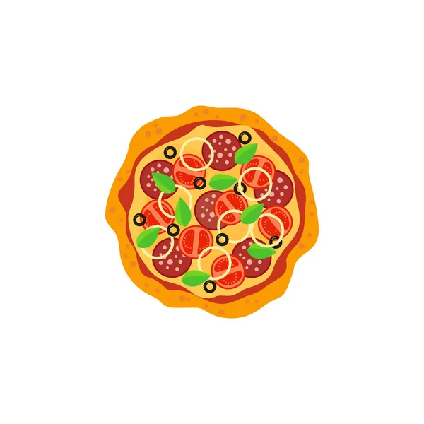 Świeża Pizza Pomidorem Serem Oliwką Kiełbasą Cebulą Bazylią Tradycyjne Włoskie — Wektor stockowy