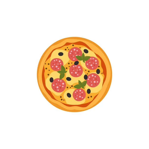 Färsk Pizza Med Tomat Ost Oliv Korv Lök Basilika Traditionell — Stock vektor