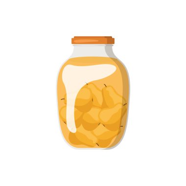 Reçel ya da komposto kavanozu. Konserve meyve veya böğürtlen. Cam kavanozlarda saklanmış meyve vektör çizimi. Çiftçi Pazarı Markası için. Organik gıda eko şablonu. Vitaminli tatlı..