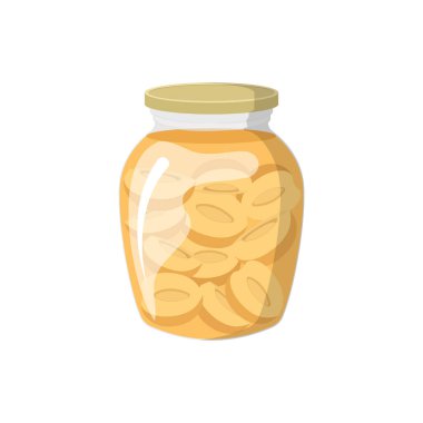 Reçel ya da komposto kavanozu. Konserve meyve veya böğürtlen. Cam kavanozlarda saklanmış meyve vektör çizimi. Çiftçi Pazarı Markası için. Organik gıda eko şablonu. Vitaminli tatlı..