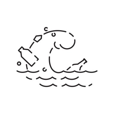 Okyanus kirliliği çizgisi simgesi. Balık vektörü. Çevre kirliliği sorunlarının ekolojisi imzası.