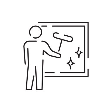 Endüstriyel temizlik hattı ikonu, temizleyici ya da işçi. Halı temizleme. Deterjan. En iyi kalite temizlik. Özel leke çıkarıcı. Endüstriyel boşluk. Basit ve Asgari.