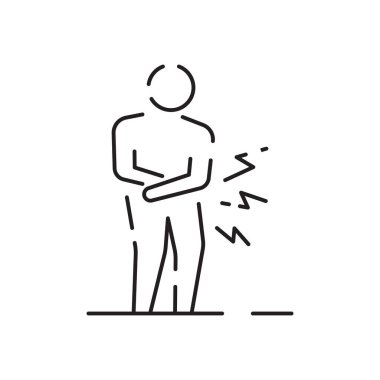 Grip çizgisi simgesi. Grip salgını ikonu, ev tedavisi konsepti, beyaz arka planda yatak tabelasında yatan hasta adam, yatak istirahati ve iyileşme. Vektör grafiği.