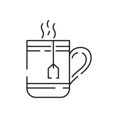 Çay iç. Bir fincan çay ikonu. Kupa yassı ikonu. Tasarım logosu için ince çizgiler, ziyaret kartı. Tek bir yüksek kalite taslak sembol. Kupa ana hatlı resim grafiği.