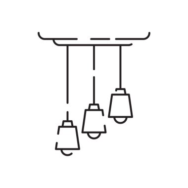 Ev, ev dekorasyonu vektör çizgisi simgesi. Perde ana hatları, beyaz arka planda iç mekan. Işıklandırma ürünleri.