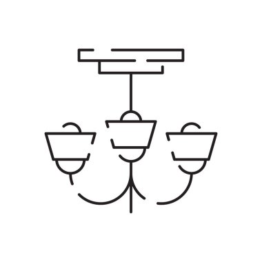 Ev, ev dekorasyonu vektör çizgisi simgesi. Perde ana hatları, beyaz arka planda iç mekan. Işıklandırma ürünleri.