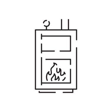 Ev ısıtma hattı ikonu. İnce kontür sembolü. Kazanlar, radyatörler ve termostatlar. Gaz, elektrik, katı yakıt, pelet, güneş kazanı. İzole vektör çizimi çizimleri. Düzenlenebilir vuruş.