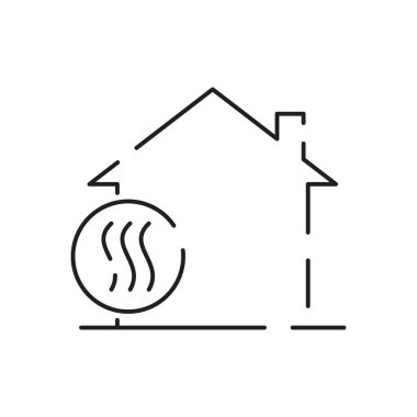 Ev ısıtma hattı ikonu. İnce kontür sembolü. Kazanlar, radyatörler ve termostatlar. Gaz, elektrik, katı yakıt, pelet, güneş kazanı. İzole vektör çizimi çizimleri. Düzenlenebilir vuruş.