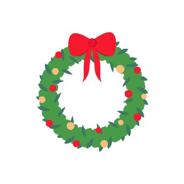 Noel çelengi basit bir ikon. Beyaz arkaplanda izole edilmiş vektör düz çizgi film çizimi.