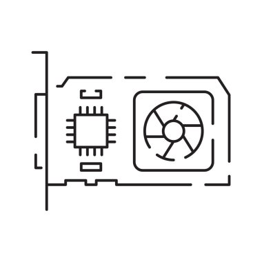 Bilgisayar donanım hattı simgesi. Grafik kart, işlemci ve RAM. İşlemci ya da işlemci ve daha havalı. Ana kartla ilgili bir dava. Vector SSD kablosu ve fan. Bilgisayar ayrıntıları.