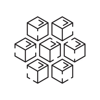 İnce siyah çizgi ikon vektör illüstrasyonunu engelle. Bitcoin ve kripto para yatırımı, fintech işlem ve ödeme, kripto ticaret ve takas finansal yapısını özetle.