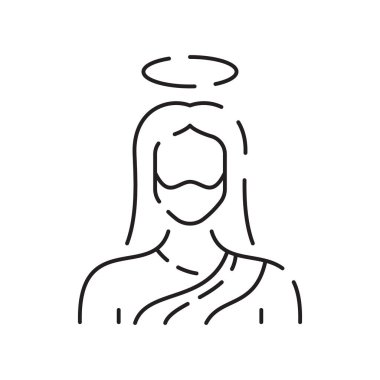 Hristiyanlık çizgisi ikonu. Vektör dini ile ilgili simgeler. İncil, kilise ve haç ya da İsa. Eski katedral, ortaçağ tabelası.