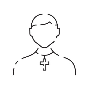 Hristiyanlık çizgisi ikonu. Vektör dini ile ilgili simgeler. İncil, kilise ve haç ya da İsa. Eski katedral, ortaçağ tabelası.