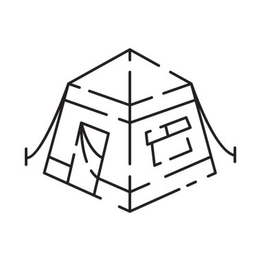 Beyaz arka planda kamp simgesi. Kamp çadırı çizgisi ikon vektörü.