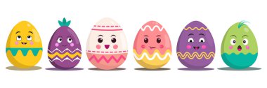 Mutlu Paskalyalar. Beyaz arka planda farklı dokulara sahip bir dizi Paskalya yumurtası. Bahar tatili. Vektör İllüstrasyonu. Mutlu Paskalya yumurtaları.