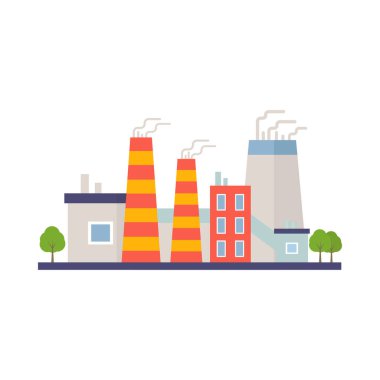 Fabrika inşaatı, elektrik, endüstriyel manufactory binaları düz ikon izole vektör illüstrasyonu.