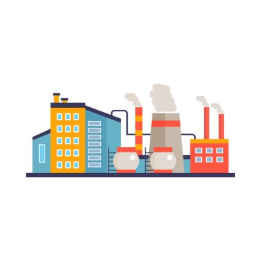 Fabrika inşaatı, elektrik, endüstriyel manufactory binaları düz ikon izole vektör illüstrasyonu.